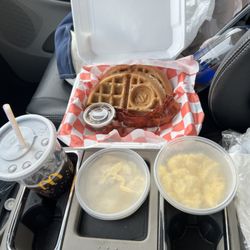 Just Love Coffee Cafe - Valdosta, GA - Belgian waffles, bacon, cheesy eggs and cheese grits.