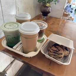 Regular coffee, iced matcha latte, and iced vanilla late. Regular coffee, iced matcha latte, and iced vanilla late.