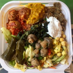 My partner got Meal 1. Half meatballs, half gyro meat, with four cold sides. My partner got Meal 1. Half meatballs, half gyro meat, with four cold sides.