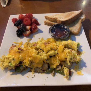 Lola - An American Bistro - Daily breakfast scramble with ham, broccoli, and cheddar with fresh fruit and toast. - Coffee & Tea Near Me - New Ulm, Minnesota