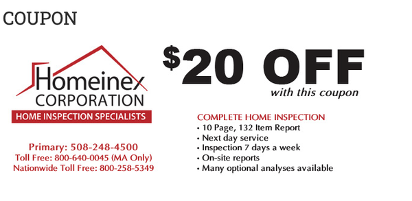 Home Inspection Services - Homeinex has been serving Massachusetts, Connecticut, and Rhode Island for over thirty years – performing more than ten thousand inspections. Purchasing a house is one of the biggest steps in your life. You should feel assured that you have a competent inspector working for you and looking out for your best interests.

Homeinex is not affiliated with any Real Estate Agencies or Contractors. That is why we are able to provide you with a non-biased analysis of the property you are willing to purchase. Homeinex offers prompt service, competitive pricing, volume discounts, and our exclusive Lifetime Consulting Service – if at any time there is a question or concern, we will address the problem free of charge.

Upon completion of the Inspection, you will receive a computer report with pictures. If you choose Homeinex, you will not be disappointed. We are here to put “your home buying worries to rest.

Home Inspection Services
Homeinex Home Inspection Services, Massachusetts Field Experienced and Academically Trained Inspectors
Lifetime Consulting Services
10-Page, 132-Item, Computer-Generated Report with Photos
Full-Time Inspectors
Many Optional Analyses Available
On-Site Report
7 Days a Week – Late Afternoon. Appointments also available
Next Day Service
Serving All of Massachusetts
Inspection Types:
-  Basic
-  Insect
-  Radon Testing
-  Water Quantity/Quality Test Performed by an ISO-Certified Laboratory
-  Title V Inspections