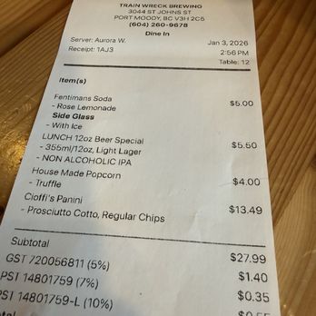 Train Wreck Brewing - Receipt showing that the panini should have come with regular chips. - Breweries Near Me - Port Moody, British Columbia Train Wreck Brewing - Receipt showing that the panini should have come with regular chips. - Breweries Near Me - Port Moody, British Columbia