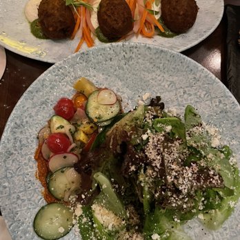 Tiffins Restaurant - The Land Salad (the only salad on the menu) and the Falafel with Garlic Yogurt - New American Near Me - Lake Buena Vista, Florida Tiffins Restaurant - The Land Salad (the only salad on the menu) and the Falafel with Garlic Yogurt - New American Near Me - Lake Buena Vista, Florida