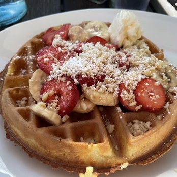Kihei Caffe Lahaina - Belgian waffle with strawberries, bananas & macadamia nuts. Yum! - Breakfast & Brunch Near Me - Lahaina, Hawaii