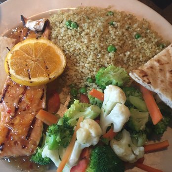 Hungry's - Citrus glazed salmon with sweet pea quinoa and veggies - New American Near Me - Houston, Texas