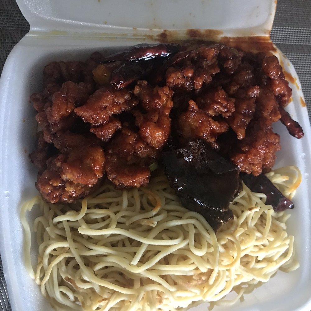 Orange chicken with pan fried noodles