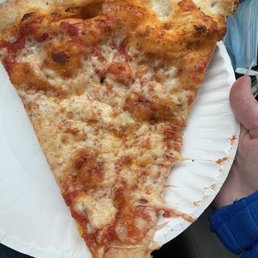 a slice of pizza on a paper plate