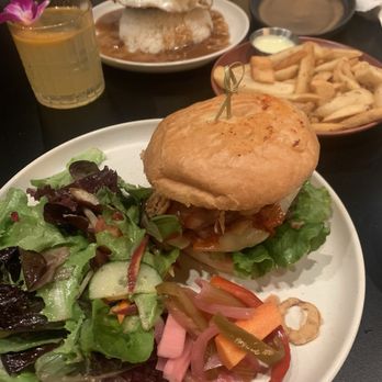 Fermentation Lab - Loco Moco, Duck Fat Fries & Fermlab Burger with side salad.  Cocktail: Wasazu Margaritas - Cocktail Bars Near Me - San Francisco, California