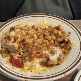 Goulash with melted mozzarella cheese on top-at our request.
