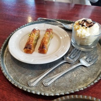 Pom & Olive - Baklava with vanilla bean ice cream - Mediterranean Near Me - Costa Mesa, California Pom & Olive - Baklava with vanilla bean ice cream - Mediterranean Near Me - Costa Mesa, California