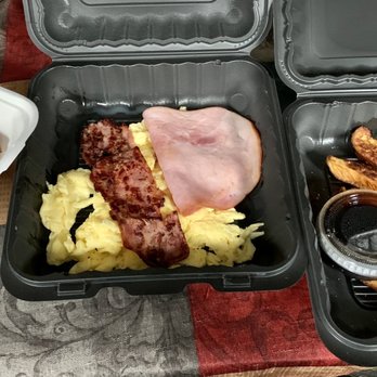 Village Cafe - Half French Toast, scrambled eggs, ham, Turkey Bacon, and Sausage. - Breakfast & Brunch Near Me - Newton, Massachusetts Village Cafe - Half French Toast, scrambled eggs, ham, Turkey Bacon, and Sausage. - Breakfast & Brunch Near Me - Newton, Massachusetts