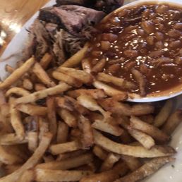 Brisket & pulled pork with fries and stellar beans.