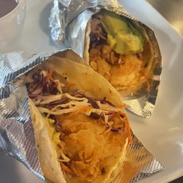 Breaded shrimp tacos. Very good. Breaded shrimp tacos. Very good.
