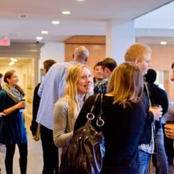 Coffee and conversation in the lobby before the Sunday Gathering.
