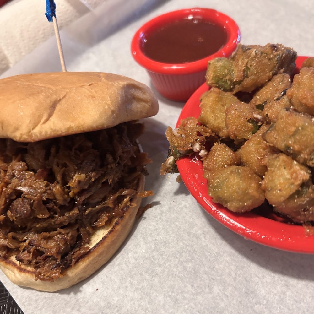 Brisket sandwich and fried okra