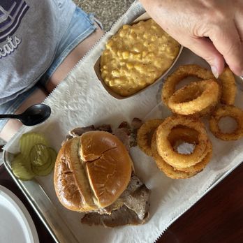 Woodyard Bar-B-Que - Brisket Sandwich, onion rings and cheesey corn - Barbeque Near Me - Kansas City, Kansas