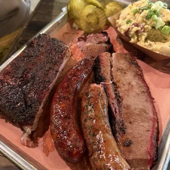 Pecan Lodge - Brisket, sausage, ribs and potato salad - Sandwiches Near Me - Dallas, Texas