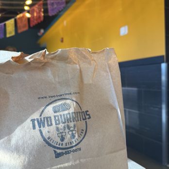 Two Burritos - Carry out bag with Two Burritos logo - Mexican Near Me - Fairfax, Virginia