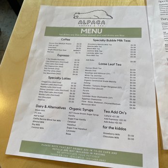 Alpaca Coffee & Tea - Menu - Coffee & Tea Near Me - Idyllwild, California
