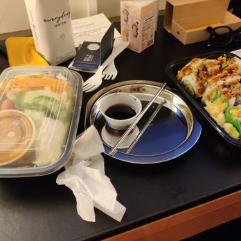 Phoshime - Take out order. 3 rolls for $18. Got 2x Shrimp Tempura and a Salmon Roll with green salad. - Asian Fusion Near Me - New York, New York
