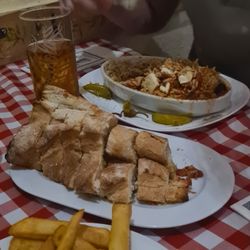 Samos - One portion of garlic bread and lamb.