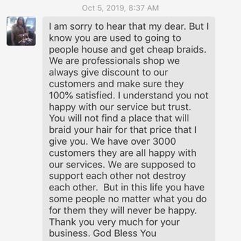 VIP Braids - The appalling reply by the owner!! - Hair Salons Near Me - Lawrenceville, Georgia