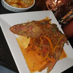 Snapper, mac and cheese with sweet potatoes.