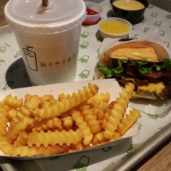 Shake Shack 479 Route 17 South - Paramus - Shackburger with cheese and bacon, fries and chocolate malted shake (this shake tasted very good) - Burgers Near Me - Paramus, New Jersey