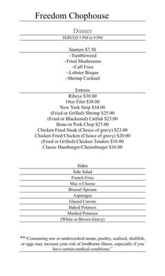 Menu photo 2 Freedom Chophouse Freedom, OK Menu photo 2 Freedom Chophouse Freedom, OK