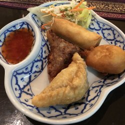 Thai Chef's Restaurant - Appetizer sampler. Spring Rain (not described on menu is a deep fried mushroom)