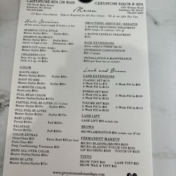 Greystone Salon and Spa - Salon menu