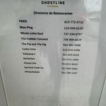 WhataKabob - A printed restaurant directory from Ghostline Kitchens displays names and phone numbers of local restaurants, including Moo Ping, Whole Lotta Soul, and others. - Persian/Iranian Near Me - Austin, Texas