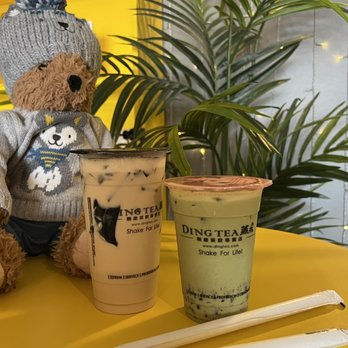 Ding Tea - Peach Milk Tea with Grass Jelly and Matcha Green Tea with Red Bean - Bubble Tea Near Me - South Jordan, Utah