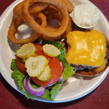 The Old Edison - Burger with onion rings. - American Near Me - Edison, Washington The Old Edison - Burger with onion rings. - American Near Me - Edison, Washington