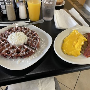 Wake Up & Eat - Red Velvet waffles, scrambled eggs with cheese, Turkey bacon, & Turkey sausage patties - Breakfast & Brunch Near Me - Harrisburg, North Carolina Wake Up & Eat - Red Velvet waffles, scrambled eggs with cheese, Turkey bacon, & Turkey sausage patties - Breakfast & Brunch Near Me - Harrisburg, North Carolina