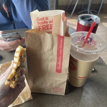 Tim Hortons - Our order: iced coffee, two donuts in the bag, and the steak & cheddar panini. - Coffee & Tea Near Me - Commerce, Michigan