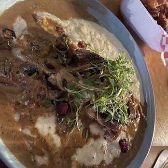Maverick Saloon - Seared Chicken with mushrooms and mash, cranberries with micro greens - American Near Me - Santa Ynez, California Maverick Saloon - Seared Chicken with mushrooms and mash, cranberries with micro greens - American Near Me - Santa Ynez, California