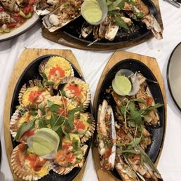 Razor clams, scallops with quail egg Razor clams, scallops with quail egg