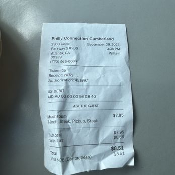 Philly Connection - Receipt - Desserts Near Me - Atlanta, Georgia