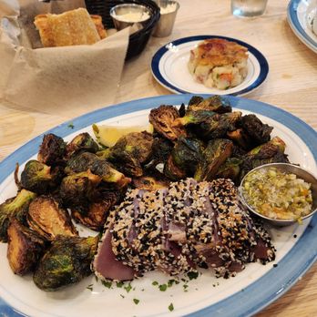 Lure Fish House - Seared Ahi Tuna with miso Brussel Sprouts and Parmesan Potato Cake - Seafood Near Me - Porter Ranch, California Lure Fish House - Seared Ahi Tuna with miso Brussel Sprouts and Parmesan Potato Cake - Seafood Near Me - Porter Ranch, California