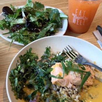 Modern Market - Curry salmon bowl, side salad, carrot lemonade - Salad Near Me - Austin, Texas Modern Market - Curry salmon bowl, side salad, carrot lemonade - Salad Near Me - Austin, Texas