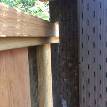 Borg Fence - You can see where the post is compared to the fence.  Then they put in a board to try to fill the gap! - Fences & Gates Near Me - Livermore, California