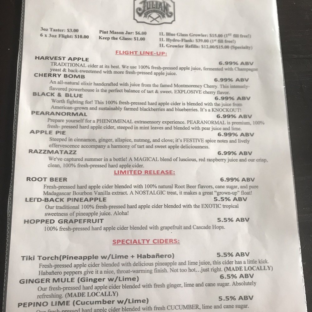 Julian Hard Cider - Menu as of nov 10,2018 - Beer, Wine & Spirits Near Me - Julian, California Julian Hard Cider - Menu as of nov 10,2018 - Beer, Wine & Spirits Near Me - Julian, California