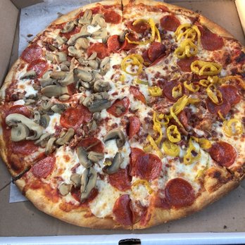 Gerry's Ristorante - Build your own pizza! This is pepperoni bacon mushroom on half and banana peppers on half. - Pizza Near Me - Cape Charles, Virginia