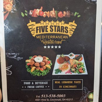 Five Stars Mediterranean Restaurant - Front page of menu - Mediterranean Near Me - Saint Bernard, Ohio Five Stars Mediterranean Restaurant - Front page of menu - Mediterranean Near Me - Saint Bernard, Ohio