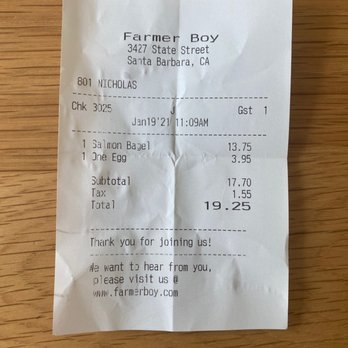 Farmer Boy - Receipts for a standard salmon bagel - one egg added - Breakfast & Brunch Near Me - Santa Barbara, California