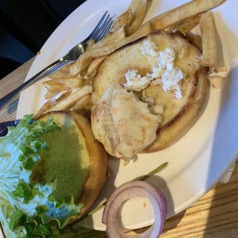 Side Street Cafe - "Broiled" haddock sandwich that came to the table lukewarm at best...she couldn't eat it. - American Near Me - Bar Harbor, Maine