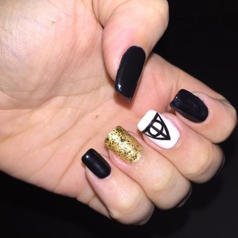 Nail Art - My awesome Deathly Hallows nails with a little bit of gold sparkle to ring in the new year! Thanks Julie! - Nail Salons Near Me - San Jose, California Nail Art - My awesome Deathly Hallows nails with a little bit of gold sparkle to ring in the new year! Thanks Julie! - Nail Salons Near Me - San Jose, California
