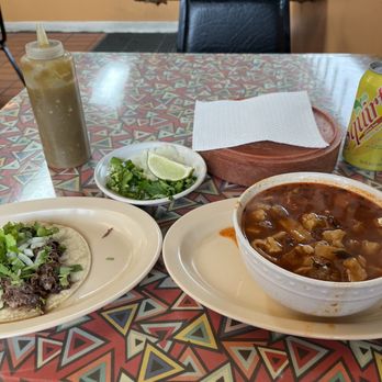 Por Mis Cazuelas - Barbacoa taco, Small bowl of menudo (comes with 5 tortillas and garnishes), can of Squirt soft drink. - Breakfast & Brunch Near Me - Houston, Texas