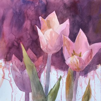 Art on the Rocks - Spring Tulips, watercolor 15x22 - Art Classes Near Me - Hull, Massachusetts